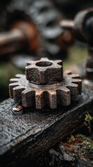 Close-up of rusty gears on weathered wood