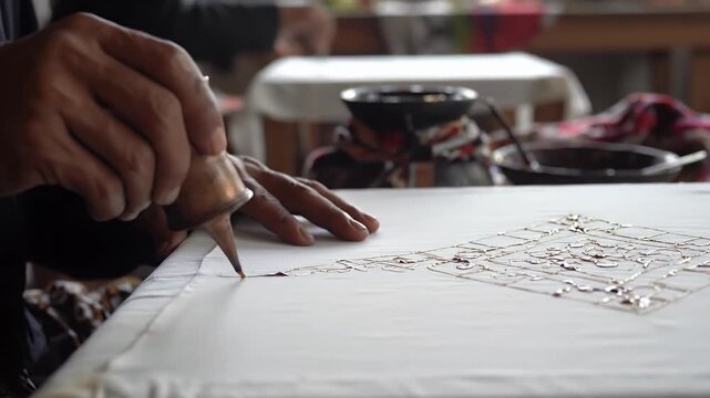 Craftsman Applies Molten Wax to Fabric for Intricate Geometric Batik Design A Slow Motion Close Up of Traditional Javanese Textile Art Creating Detailed Patterns and Ornament Designs