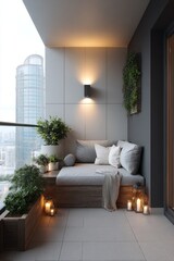 Cozy balcony with city view, potted plants, and seating
