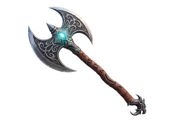 Fototapeta premium Fantasy-style ornate double-bladed battle axe with glowing gem and intricate carvings