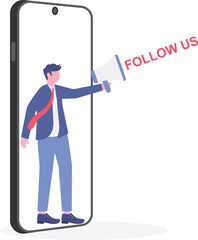 Follow us, blog articles, events concept with tiny people. Corporate website links vector illustration set.
