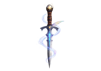 Fantasy-themed sword with a dragon head pommel and luminous blue accents against a black background