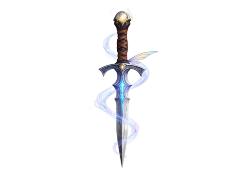 Fantasy-themed sword with a dragon head pommel and luminous blue accents against a black background