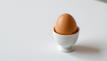 A brown egg stands upright in a white egg cup on a plain white surface casting a subtle shadow