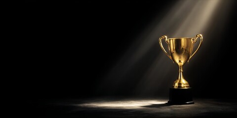 Golden Trophy Displayed Under Dramatic Spotlight, Symbolizing Achievement and Excellence