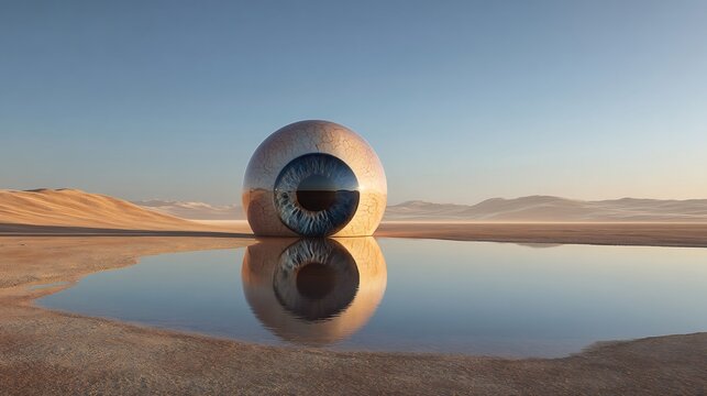 Giant Eye Sculpture Desert Landscape Reflection. - Powered by Adobe