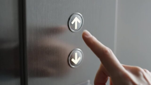 Finger Pressing Up Elevator Button on Gray Metal Panel with Illuminated Arrow for Vertical Transportation Convenience and Modern Building Access with Indoor Facility Close Up