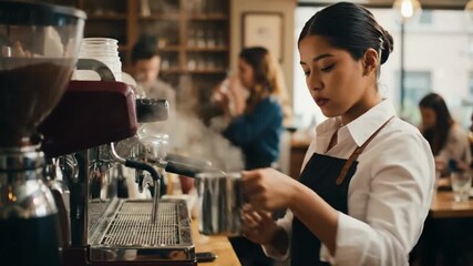Focused Barista at Espresso Machine Making Coffee with Steam in a Warm Cafe Ambiance and Customers in Background Preparing Beverage for Cozy Cafe Business and National Coffee Day Promotion