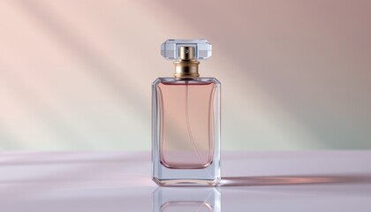 Rectangular glass perfume bottle with golden cap on a reflective surface soft light