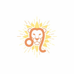 Stylized Leo Zodiac Sign with Sunburst Orange and Yellow Colors Isolated Design.