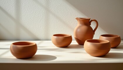 Terracotta pottery pitcher and bowls arranged on a white surface with dappled light