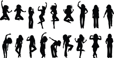Dancing woman silhouette collection, female poses illustration, modern dance art, energetic movement vector, fitness activity concept, fashion style body expression