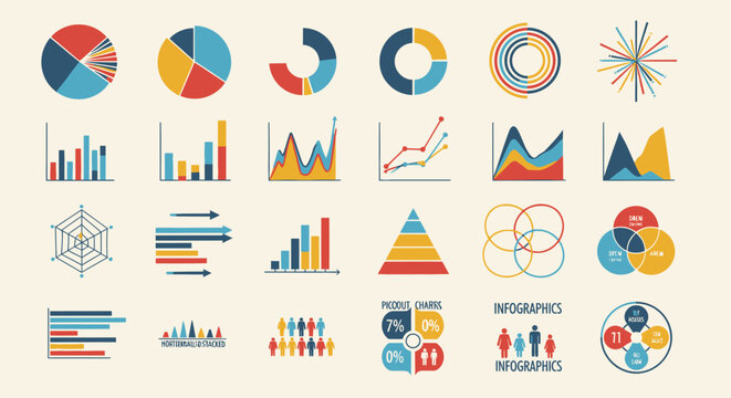 Vector art of collection of various charts and graphs for data visualization and analysis