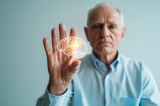 Senior man holding brain hologram, envisioning mental clarity and memory health for alzheimer's research and neurological wellness concepts