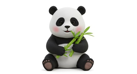 Cute 3D cartoon panda bear sitting and eating green bamboo stalks isolated on a white background.