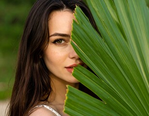 Naklejka premium Woman's face partially hidden behind a large green leaf (1)