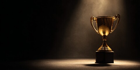 Golden Trophy in Spotlight: A Symbol of Victory, Achievement, and Dedication Against a Dark Backdrop