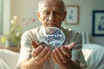 Elderly man gently holding a glowing brain with Alzheimer's Day text, raising awareness and supporting neurological health and memory care for seniors