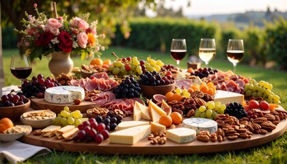 Elaborate Charcuterie Board with Wine Outdoors