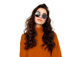 Confident young woman in sunglasses and orange sweater on white background