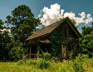 Fototapeta premium Abandoned farmhouse in overgrown field under a partly cloudy sky