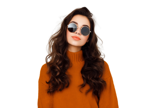 Confident young woman in sunglasses and orange sweater on white background