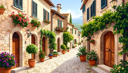 Fototapeta premium Charming Italian Village Street with Colorful Flowers and Stone Buildings.
