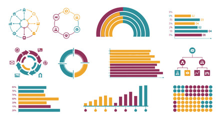 Vector art of collection of colorful business charts, diagrams, and graphs isolated on white background