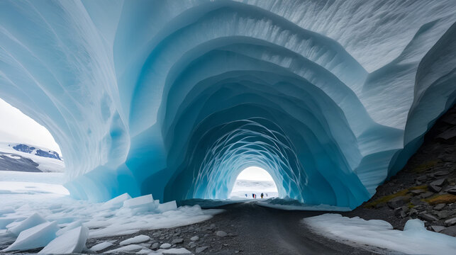 Massive ice chucks inside crevasse used for glacier hiking, vatnajokull ice mass in scandinavian region. Impressive icy blocks inside caves and tunnels, global warming concept.