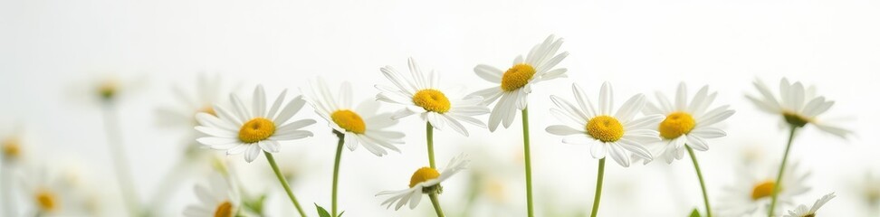 Close-up of delicate white daisies on pure white background, minimal, nature, elegant