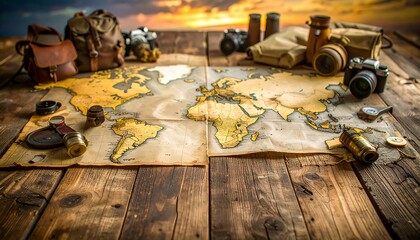 Vintage travel gear arranged on a world map, sunset backdrop
