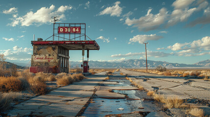Route 66 stretching into the desert horizon, abandoned gas station with vintage signs, tumbleweeds rolling across the cracked asphalt, nostalgic Americana.