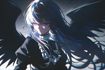 Naklejka premium Mysterious Angel with Contrasting Hair and Dark Wings