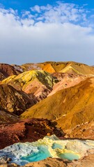 Vividly colored mountain range with a teal pool in the foreground under a mostly clear sky