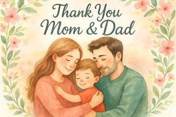 Heartwarming thank you mom and dad illustration with parents lovingly hugging their child, surrounded by floral watercolor background