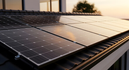 Solar Panels on Modern House Roof at Sunset