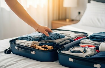 Traveler's hand grips luggage handle on bed in cozy hotel room before an exciting vacation departure