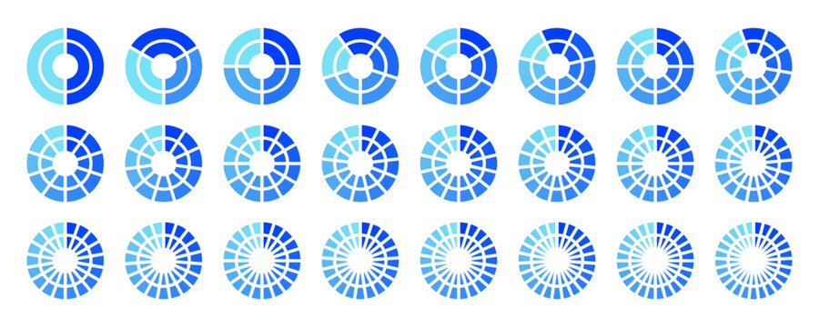 Circular pie chart diagram set. Blue gradient radial sectors. Data visualization icon collection. Wheel Segment slice. Concentric segmented rings. Minimal infographic element for business analytic