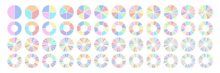 Obraz premium Pie and donut chart icons in pastel colors. Simple Diagram with sections from 2 to 25 parts for infographics, business dashboards, UI design, presentation, analytics, statistics, report, infographic, 