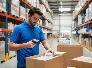 Warehouse worker in blue polo shirt scans barcodes on packed boxes inside a well-lit modern logistics facility to manage goods and inventory levels