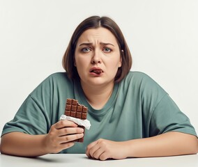 Female with weight concerns bites chocolate bar with troubled expression, experiencing physical discomfort, emotional struggle, and internal conflict about eating choices