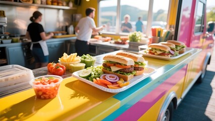 Food truck serving fresh burgers with colorful toppings and ingredients displayed on a vibrant counter