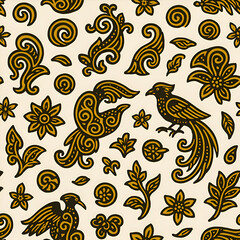 Obraz premium Seamless Indonesian batik–inspired scatter pattern featuring stylized birds, paisley curls, and floral elements in warm gold and dark brown on cream. 