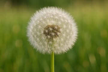 Fototapeta premium Close up of a fluffy white dandelion seed head in a green field