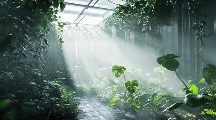 Fototapeta premium Lush Green Indoor Garden with Sunlight Streaming Through Glass Roof Illuminating Leafy Plants and Tranquil Pathway in Dense Foliage