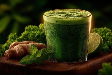 Obraz na płótnie Canvas Refreshing Green Juice with Ginger, Mint, and Lime, Packed with Nutrients and Vitality