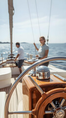 Close-up of a polished yacht helm with chrome details, crew working, deep blue ocean.