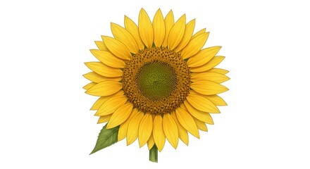 Fototapeta premium Detailed botanical illustration of a vibrant yellow sunflower with a green leaf, isolated on a white background.