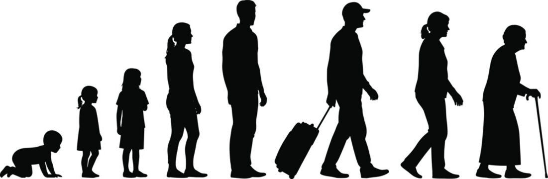 Human life cycle silhouette, baby crawling, child growing, teenager standing, adult walking, old age with cane, aging process, family generations illustration