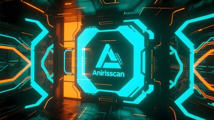 Futuristic Interface with Illuminated Geometric Patterns and Central Logo